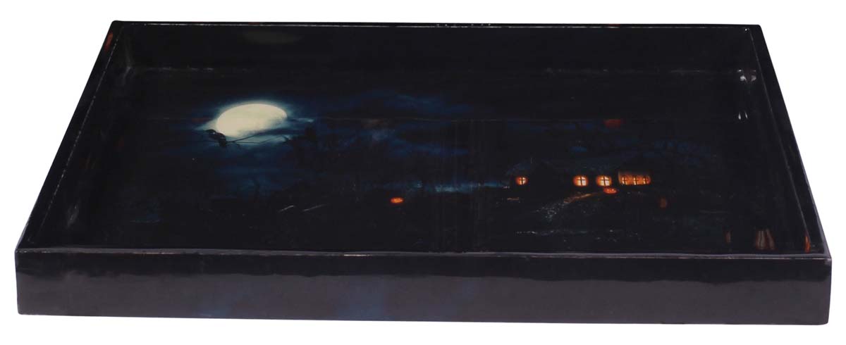 Buy in Bulk Wholesale Serving Tray in MDF - Black - 8” Hand-Crafted Decorative Tray with ‘Halloween-Scene’ Pattern - Classic Serve-Ware/Decor from India